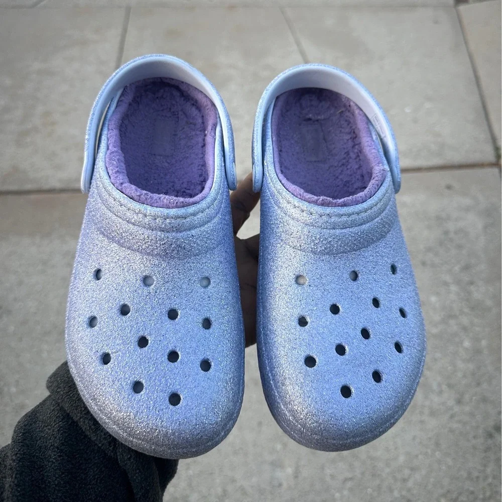 CROCS KIDS CLASSIC LINED‎ FROSTED GLITTER CLOGS Size J 5